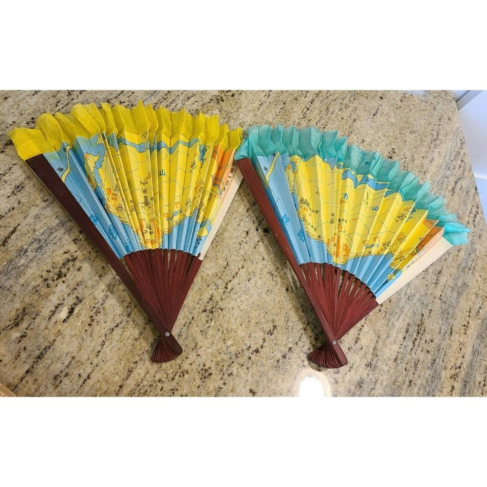 Set of 2 Vintage Asian Map Scenic Fans~ 2 Sided. Wood and Paper. Colorful